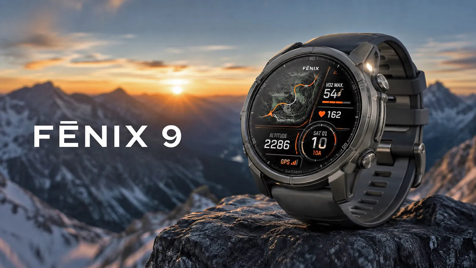 Новинка: часы Garmin Fenix 9 на фоне гор на закате