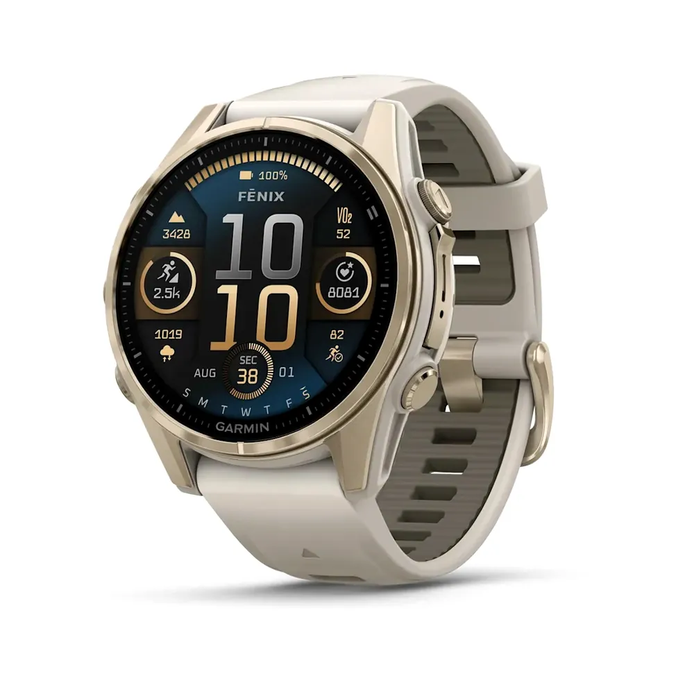 Garmin Fenix 8, 43 мм, AMOLED, Sapphire, золотистый корпус, дымчато-серый ремешок, фото 1 из 6