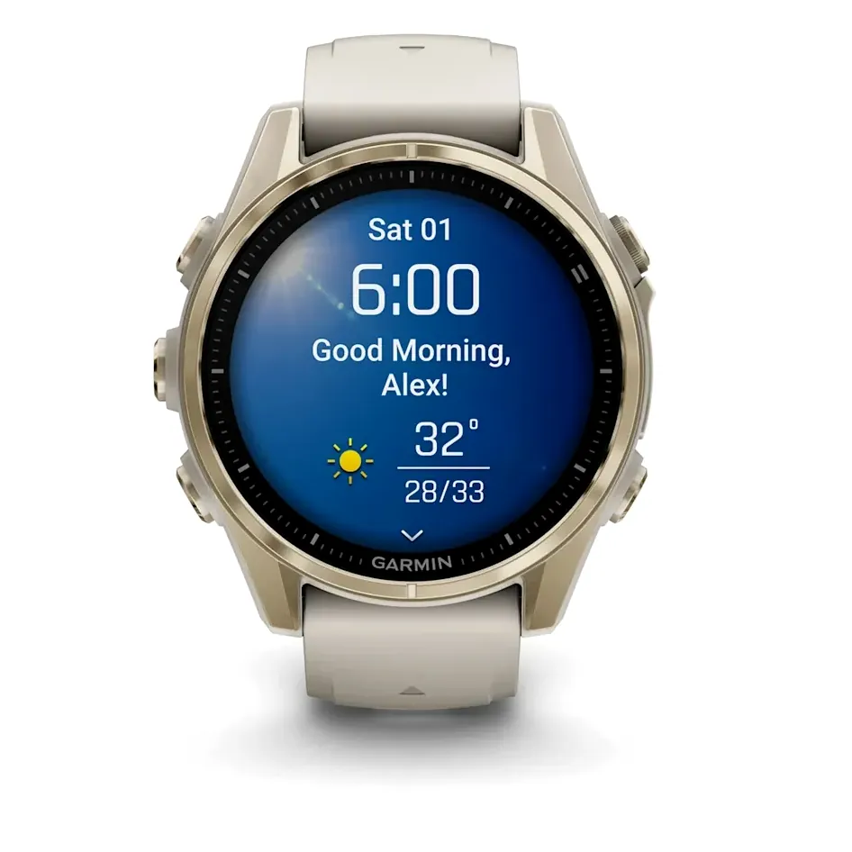 Garmin Fenix 8, 43 мм, AMOLED, Sapphire, золотистый корпус, дымчато-серый ремешок, фото 2 из 6