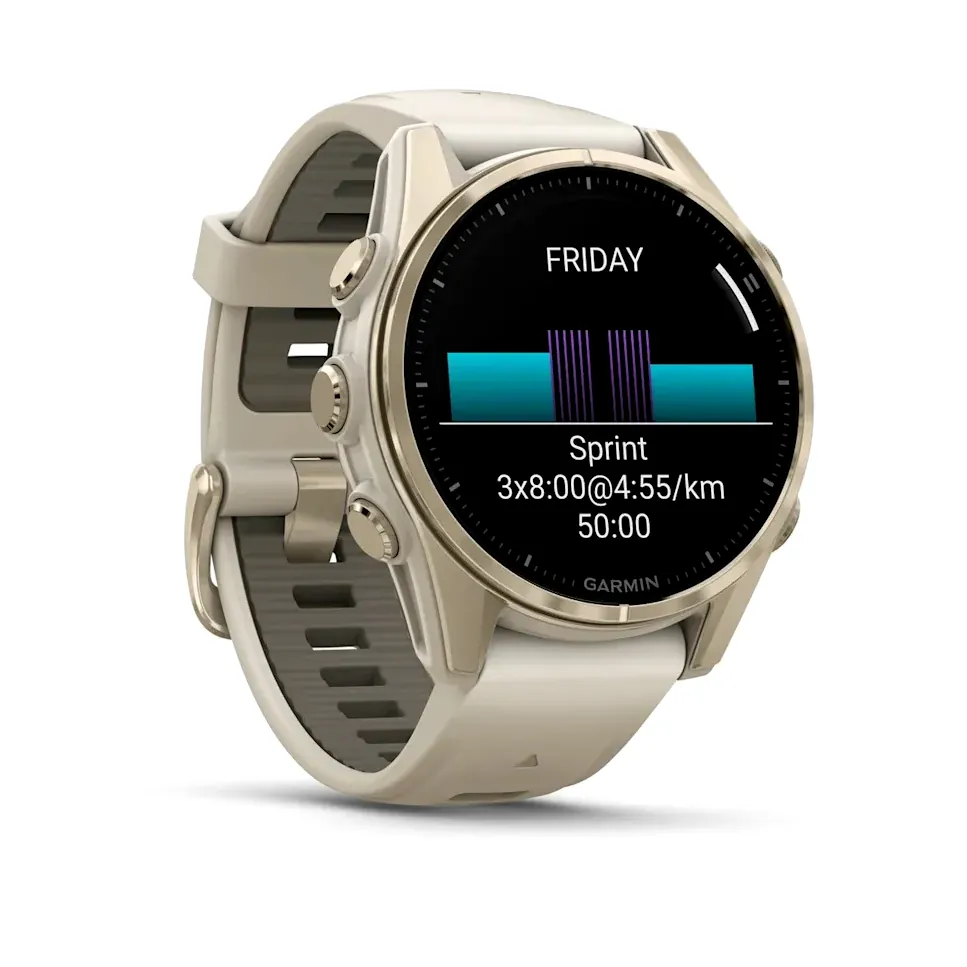 Garmin Fenix 8, 43 мм, AMOLED, Sapphire, золотистый корпус, дымчато-серый ремешок, фото 4 из 6