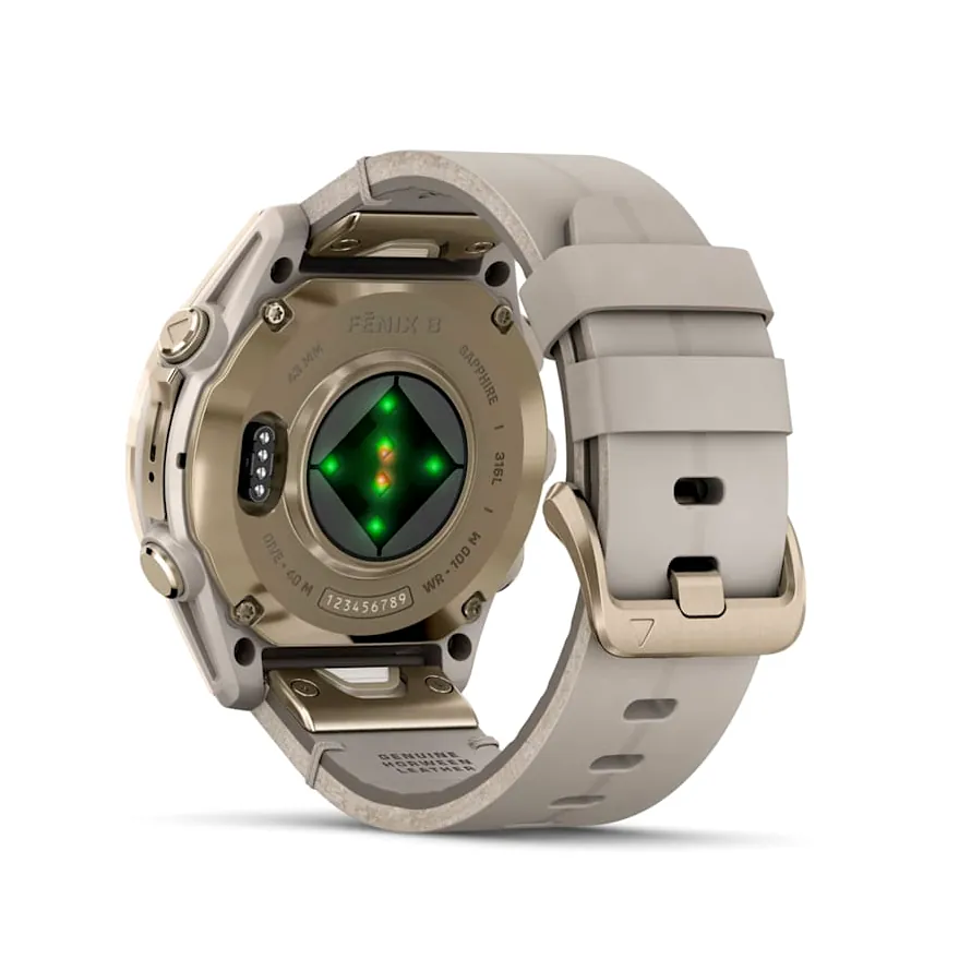 Garmin Fenix 8, 43 мм, AMOLED, Sapphire, золотистый, серый кожаный ремешок, фото 2 из 8