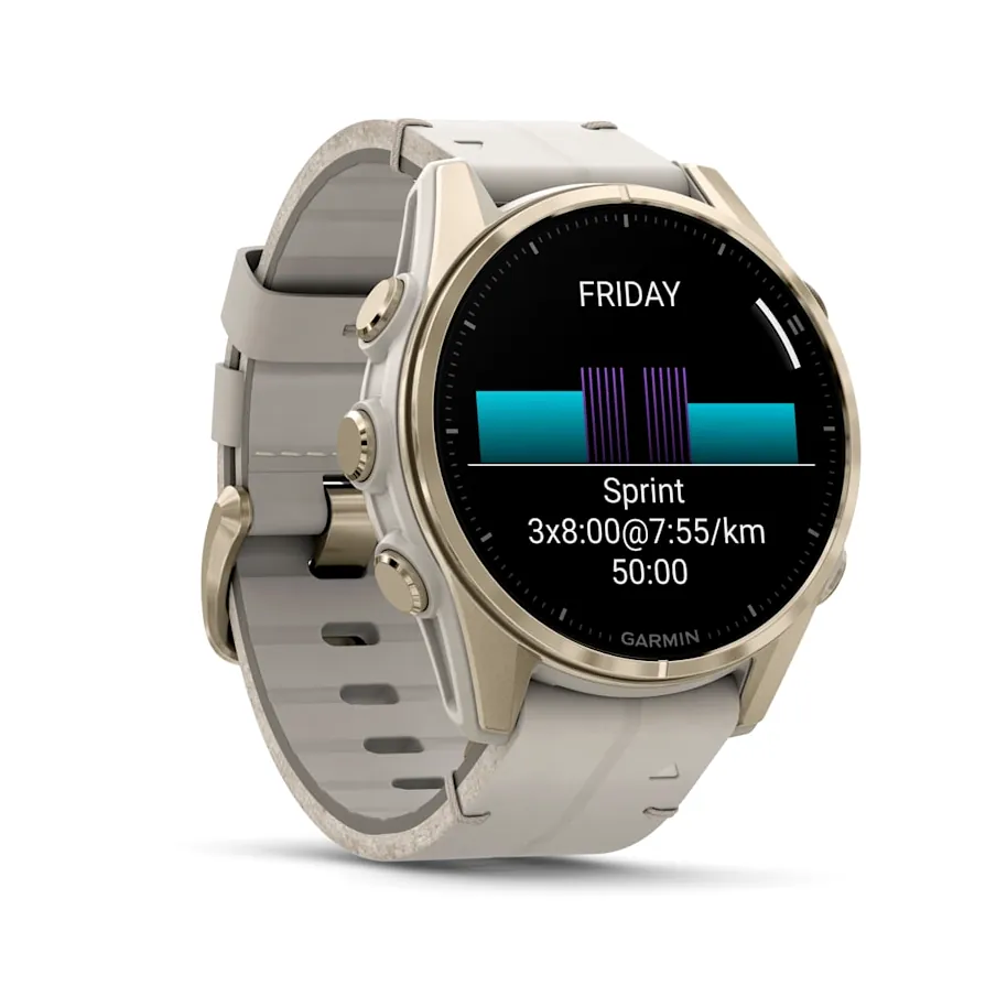 Garmin Fenix 8, 43 мм, AMOLED, Sapphire, золотистый, серый кожаный ремешок, фото 3 из 8