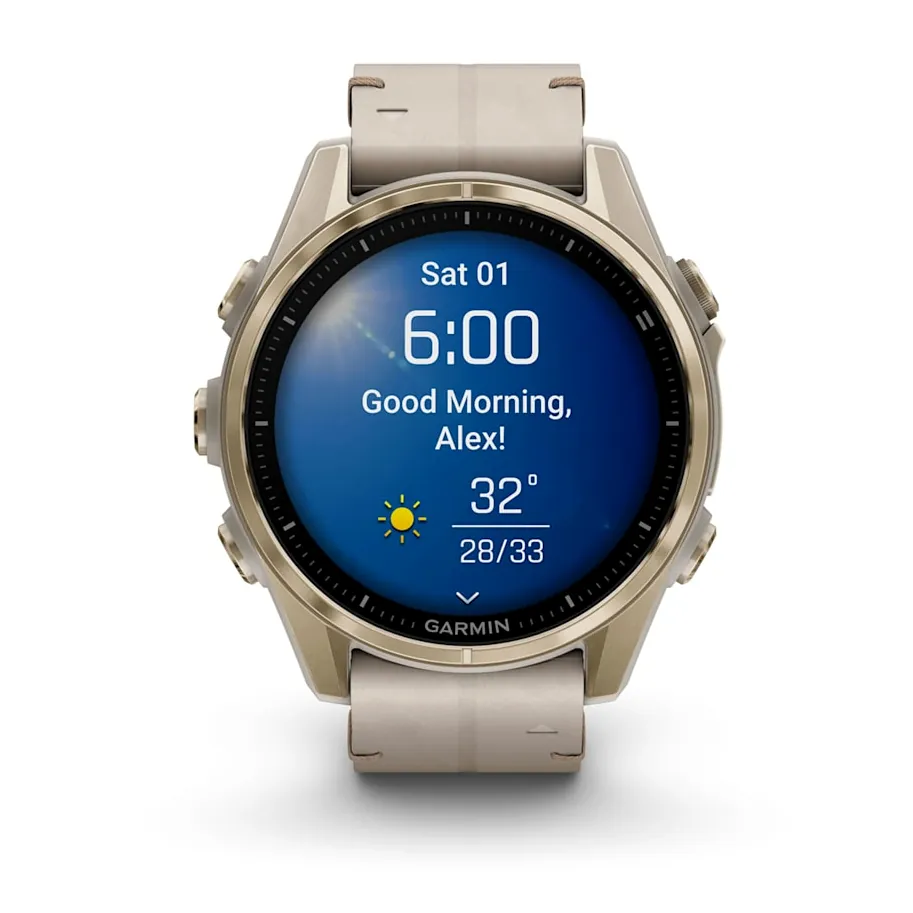 Garmin Fenix 8, 43 мм, AMOLED, Sapphire, золотистый, серый кожаный ремешок, фото 4 из 8