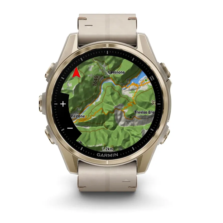 Garmin Fenix 8, 43 мм, AMOLED, Sapphire, золотистый, серый кожаный ремешок, фото 7 из 8