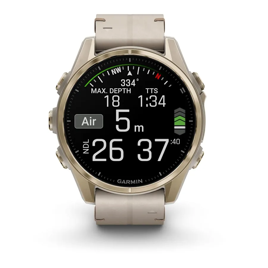 Garmin Fenix 8, 43 мм, AMOLED, Sapphire, золотистый, серый кожаный ремешок, фото 8 из 8