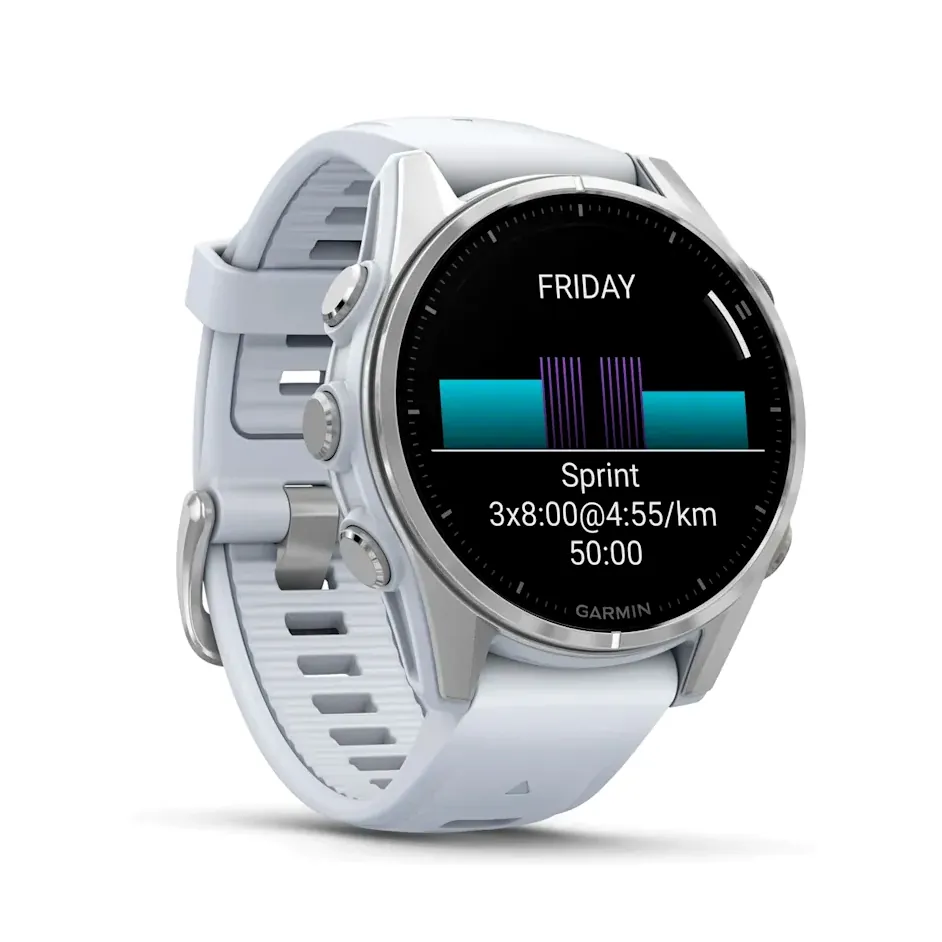 Garmin Fenix 8, 43 мм, AMOLED, серебристый корпус, белый ремешок, фото 5 из 7
