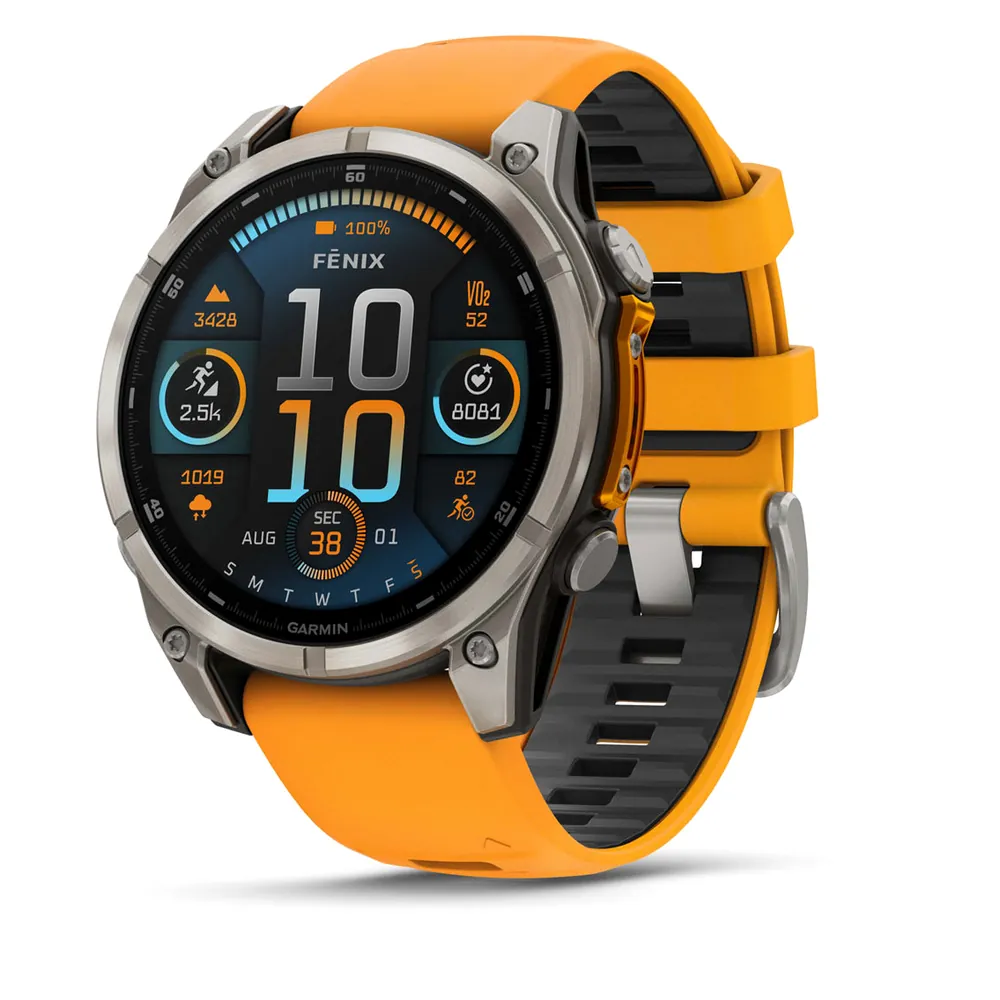 Garmin Fenix 8, 47 мм, AMOLED, Sapphire, Titanium, светло-серый, оранжевый силиконовый ремешок, фото 1 из 7
