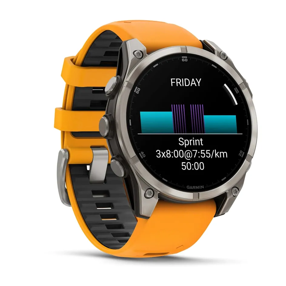 Garmin Fenix 8, 47 мм, AMOLED, Sapphire, Titanium, светло-серый, оранжевый силиконовый ремешок, фото 3 из 7