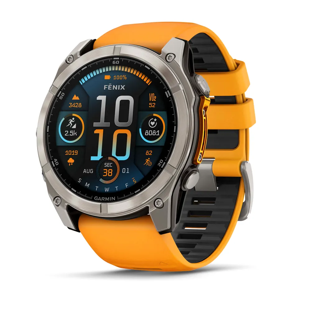 Garmin Fenix 8, 51 мм, AMOLED, Sapphire, Titanium, светло-серый, оранжевый силиконовый ремешок, фото 1 из 7
