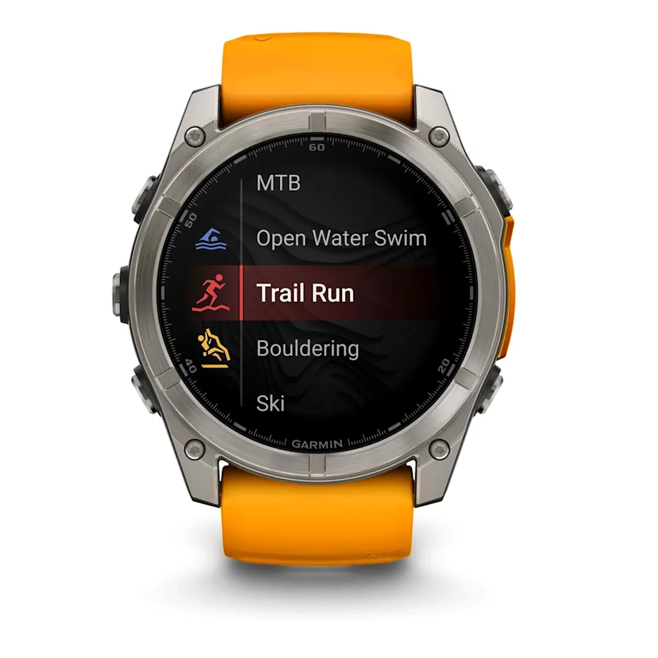 Garmin Fenix 8, 51 мм, AMOLED, Sapphire, Titanium, светло-серый, оранжевый силиконовый ремешок, фото 3 из 7