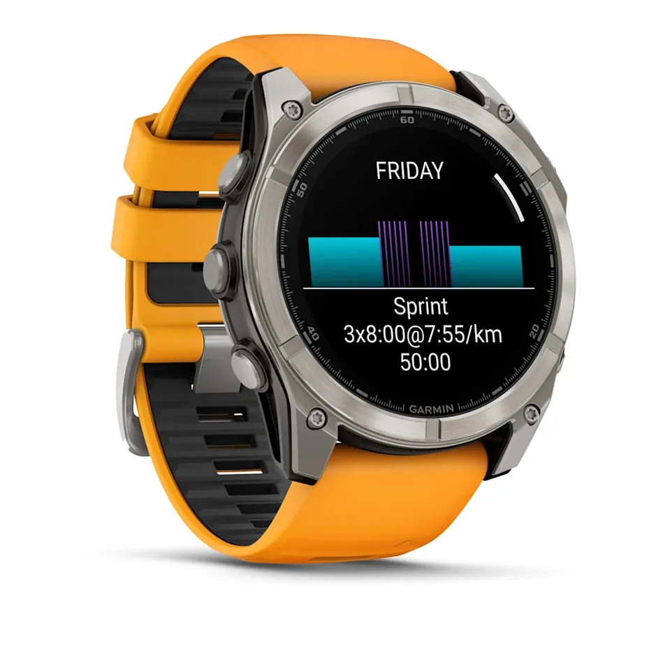 Garmin Fenix 8, 51 мм, AMOLED, Sapphire, Titanium, светло-серый, оранжевый силиконовый ремешок, фото 5 из 7