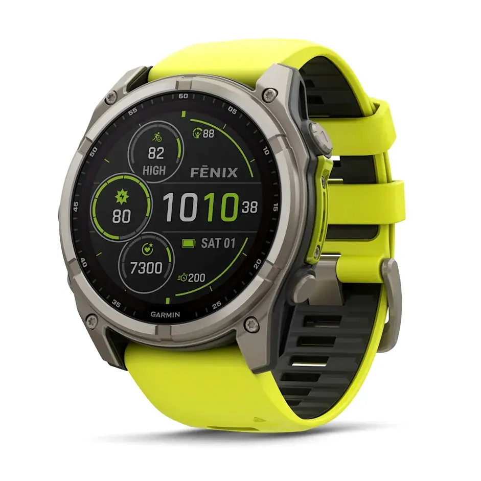 Garmin Fenix 8, 51 мм, Solar, Sapphire, титановый серый с желтым ремешком, фото 1 из 5