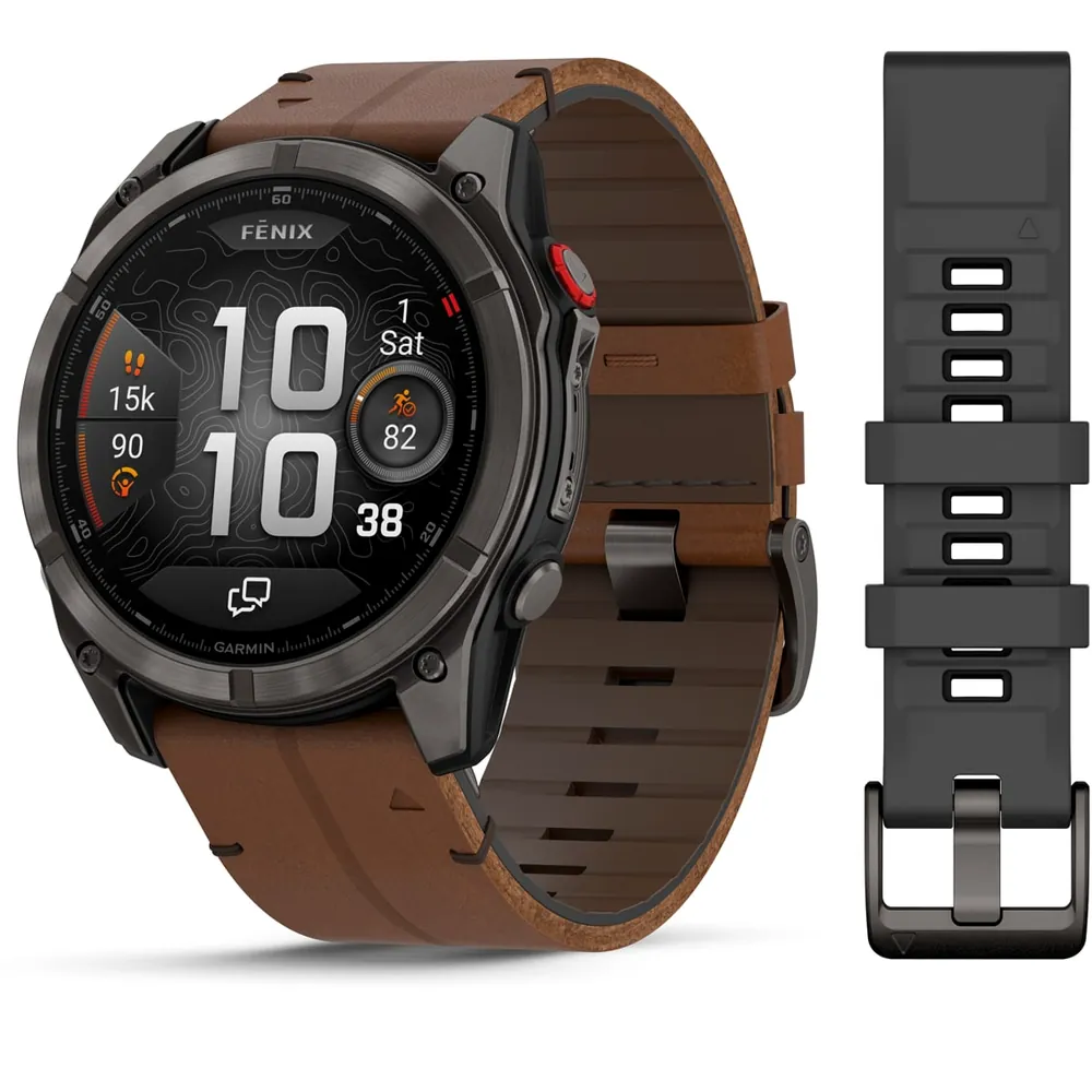 Garmin Fenix 8 Pro, 51 мм, AMOLED, DLC, угольно-серый, коричневый кожаный ремешок, фото 1 из 7