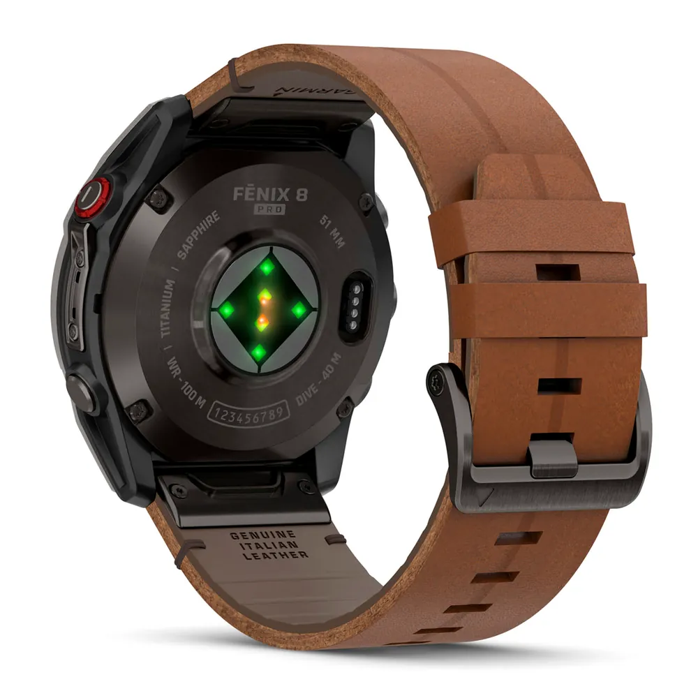 Garmin Fenix 8 Pro, 51 мм, AMOLED, DLC, угольно-серый, коричневый кожаный ремешок, фото 2 из 7