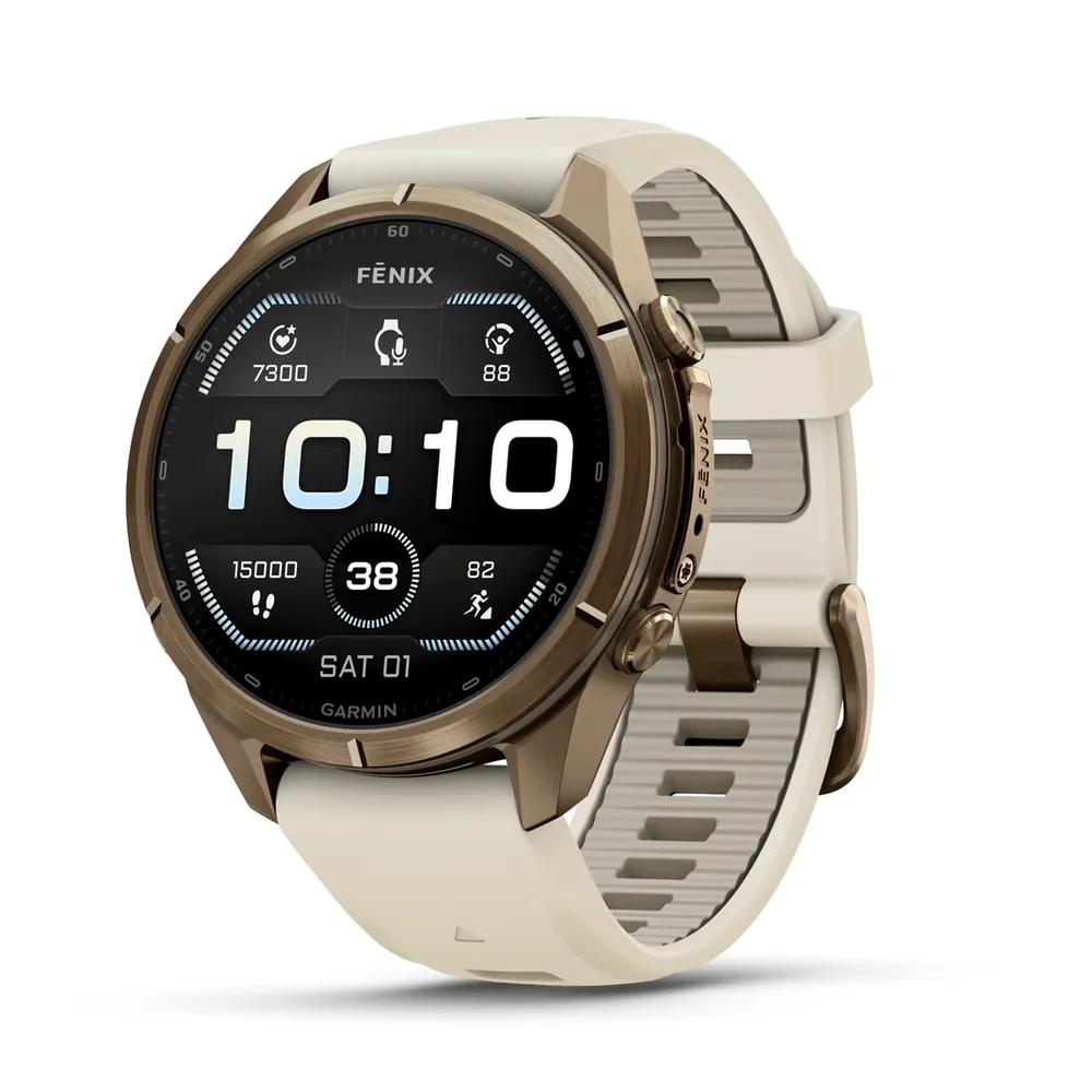 Garmin Fenix 9 Pro, 43 мм, титановый цвета «осеннее золото», кремово-серый силиконовый ремешок, фото 1 из 7