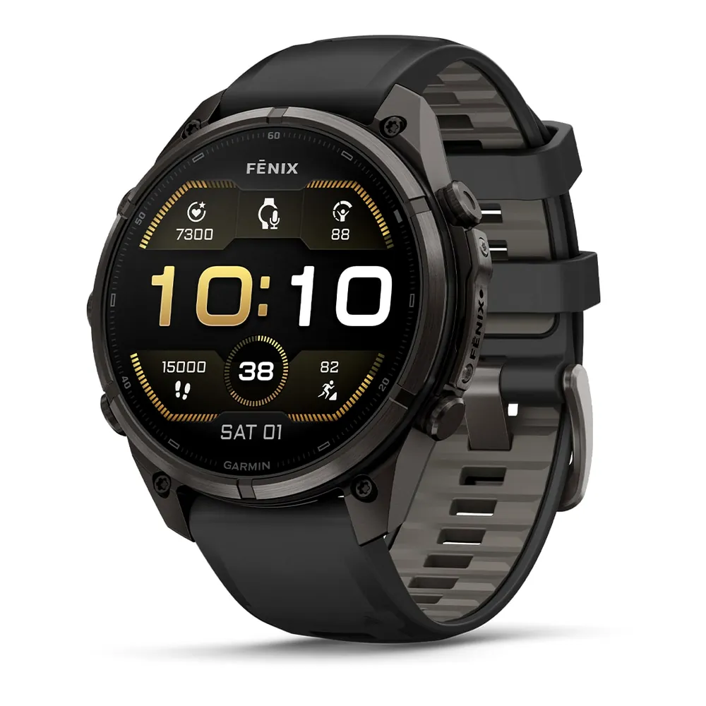 Garmin Fenix 9 Pro, 47 мм, титановый, угольно-серый DLC, черно-серый силиконовый ремешок, фото 1 из 7