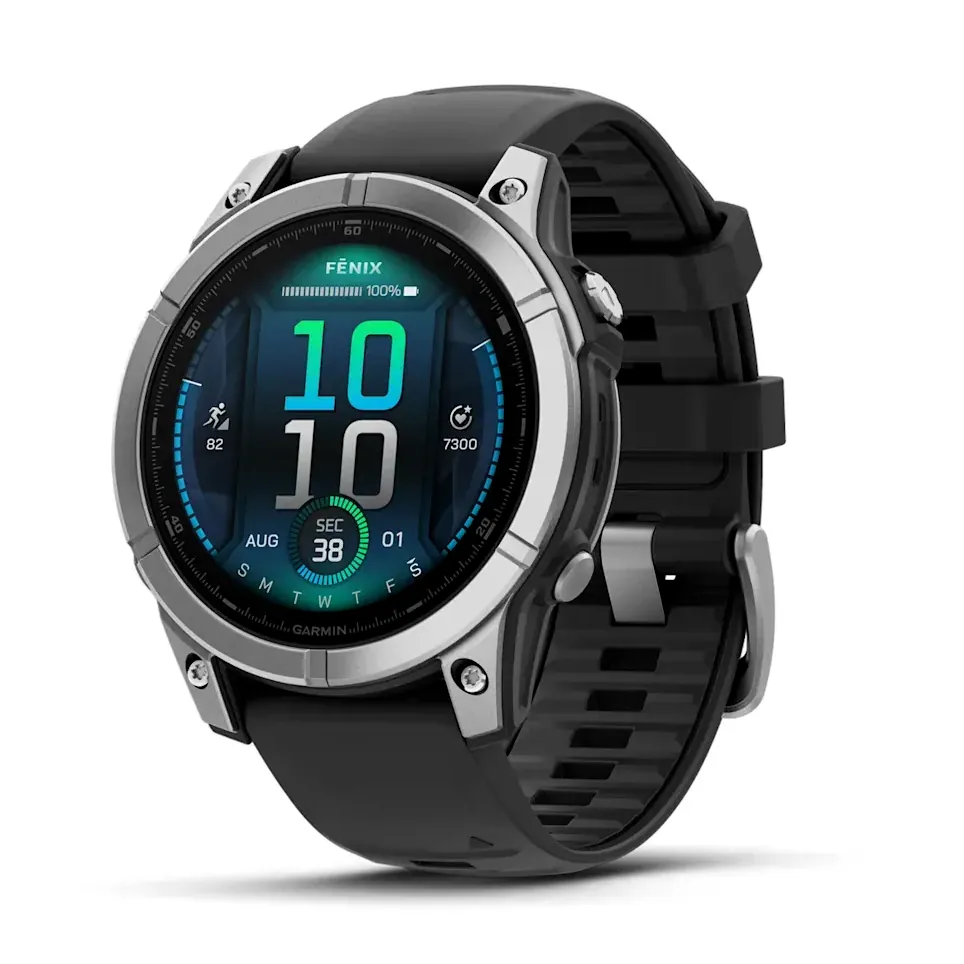 Garmin Fenix E, 47 мм, AMOLED, серебристый стальной безель, черный силиконовый ремешок, фото 1 из 7