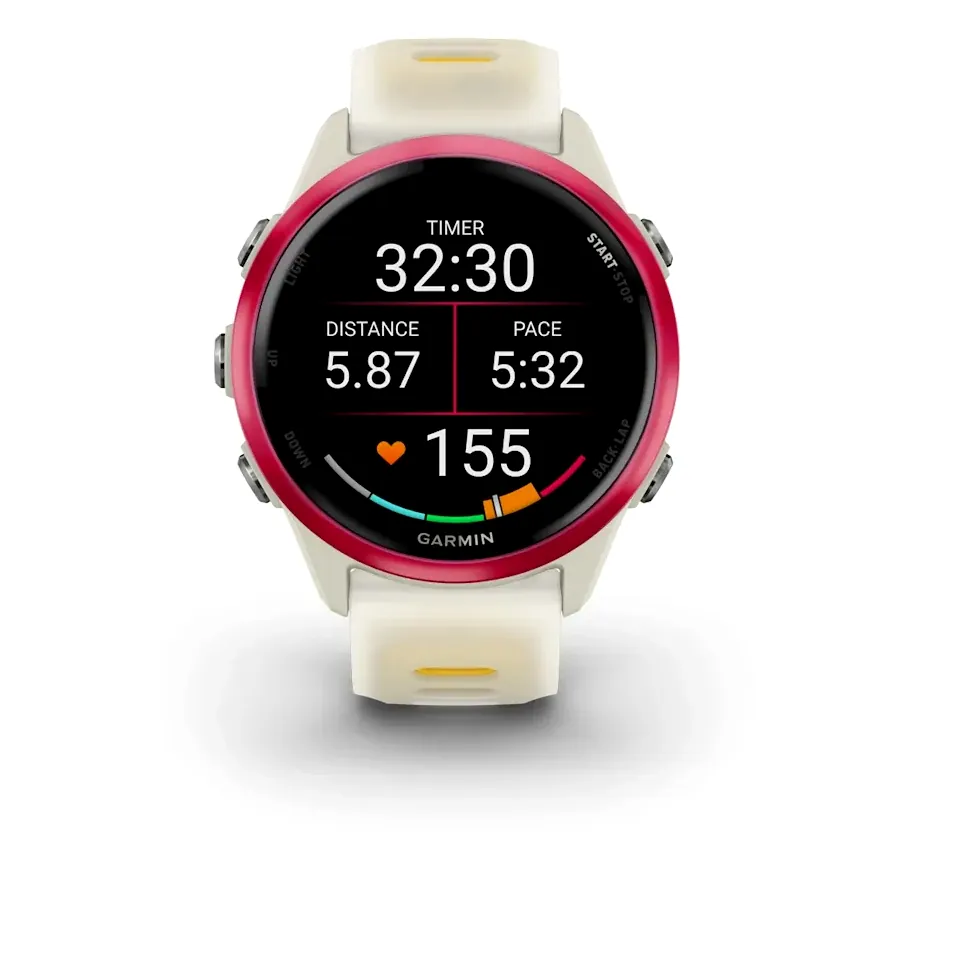 Garmin Forerunner 570, 42 мм, слоновая кость, алюминиевый безель малинового цвета, ремешок манго/слоновая кость, фото 3 из 6