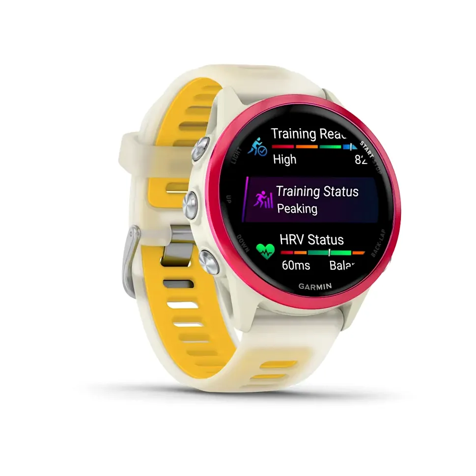 Garmin Forerunner 570, 42 мм, слоновая кость, алюминиевый безель малинового цвета, ремешок манго/слоновая кость, фото 5 из 6