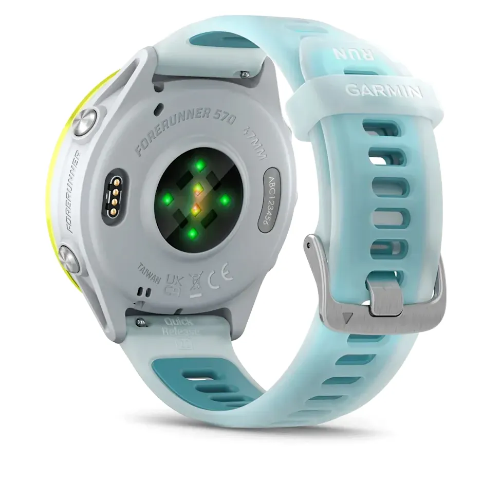 Garmin Forerunner 570, 47 мм, светло-серый, алюминиевый безель ярко-желтого цвета, бирюзовый ремешок, фото 4 из 6