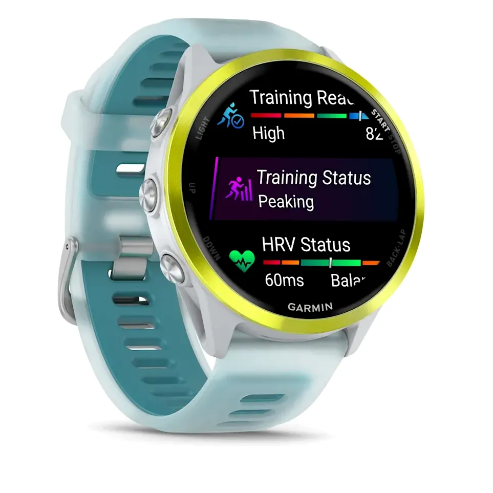 Garmin Forerunner 570, 47 мм, светло-серый, алюминиевый безель ярко-желтого цвета, бирюзовый ремешок, фото 6 из 6