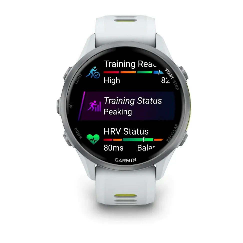 Garmin Forerunner 970, белые, титановый безель, с бело-зеленым ремешком, фото 2 из 4