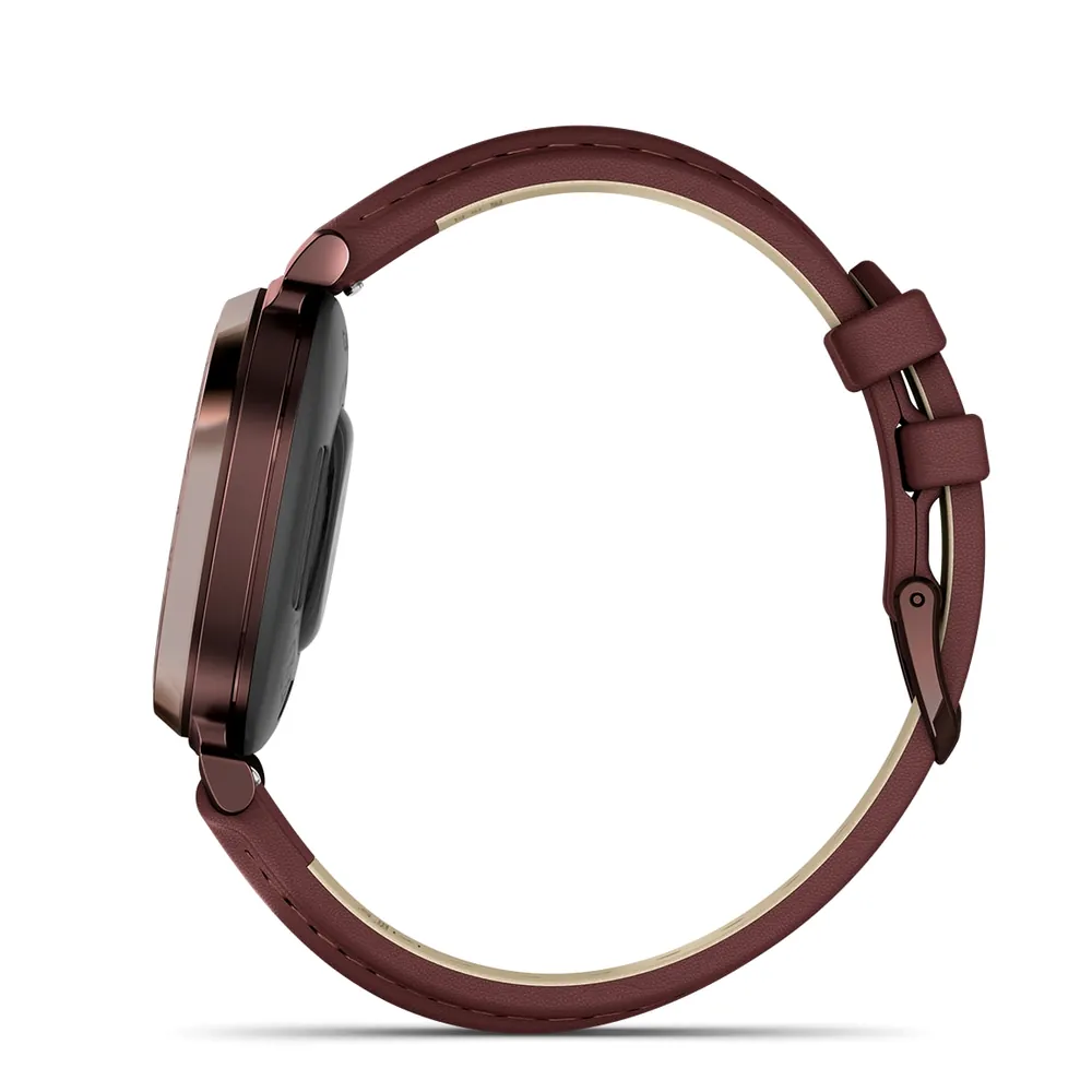 Garmin Lily 2 Classic, С безелем темно-бронзового цвета, кожаный ремешок ежевичного цвета, фото 2 из 6