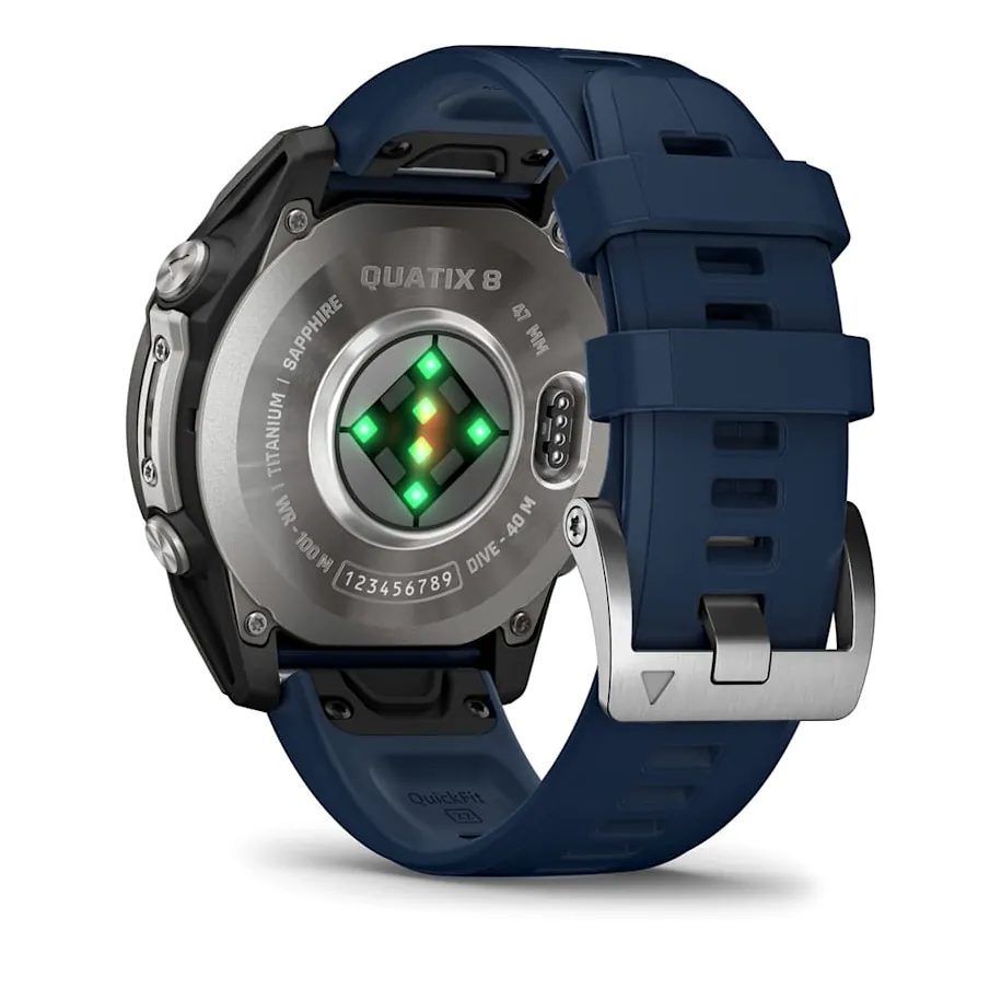 Garmin Quatix 8, 47 мм, AMOLED, Sapphire, Titanium, синий силиконовый ремешок, фото 6 из 7
