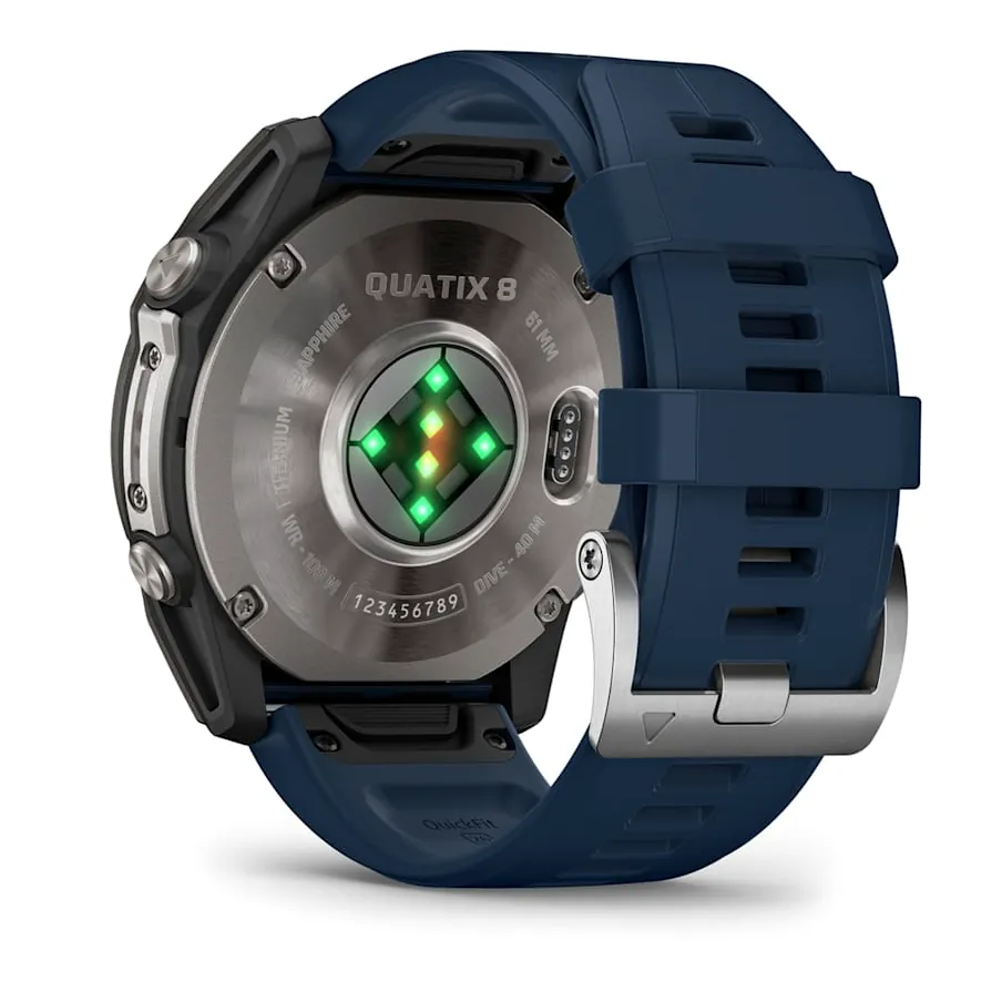 Garmin Quatix 8, 51 мм, AMOLED, Sapphire, Titanium, синий силиконовый ремешок, фото 6 из 7