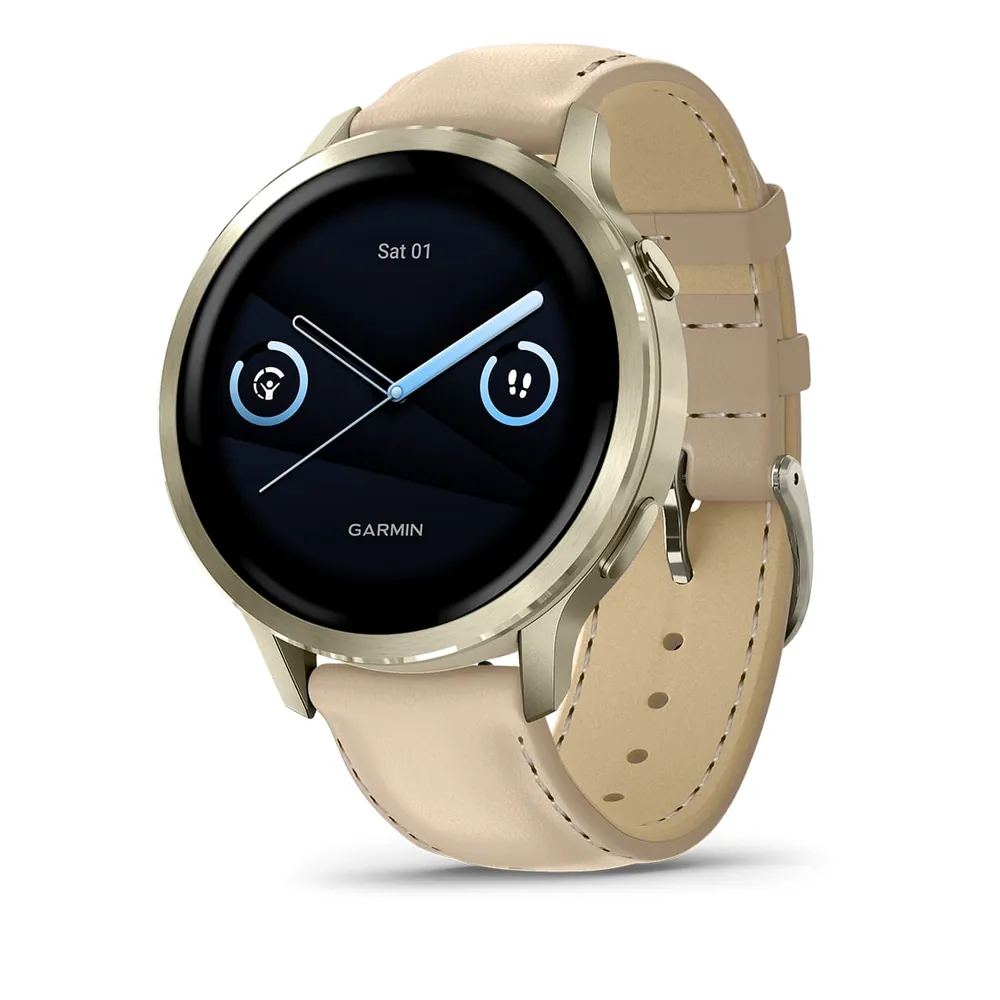 Garmin Venu 4, 41 мм, лунно-золотистый с кожаным ремешком песочного цвета, фото 1 из 7