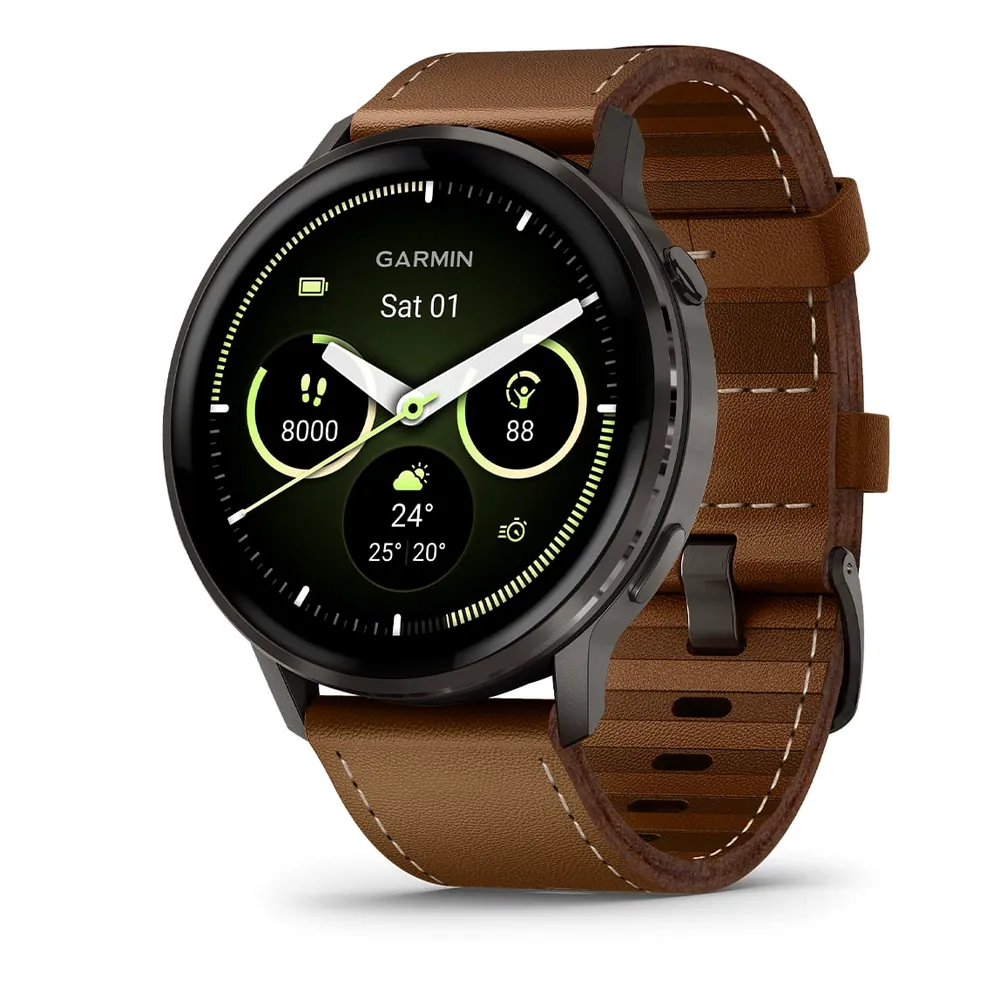 Garmin Venu 4, 45 мм, темно-серый с коричневым кожаным ремешком, фото 1 из 7