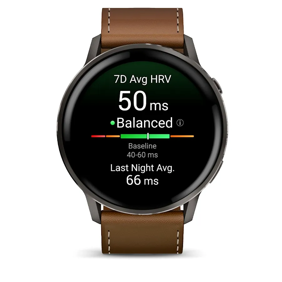 Garmin Venu 4, 45 мм, темно-серый с коричневым кожаным ремешком, фото 2 из 7