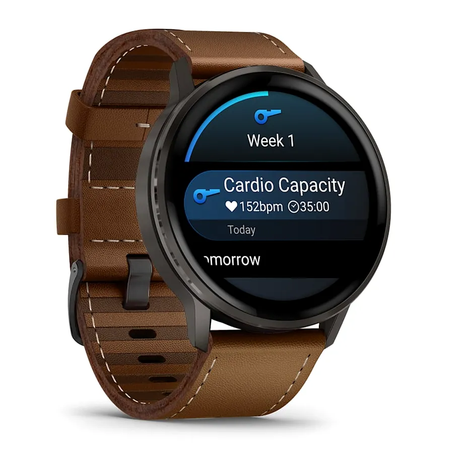 Garmin Venu 4, 45 мм, темно-серый с коричневым кожаным ремешком, фото 6 из 7
