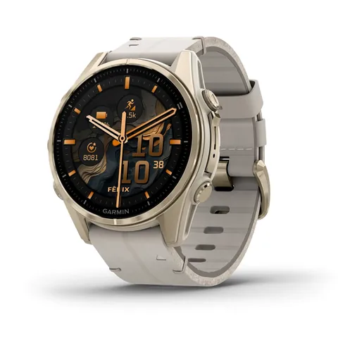 Garmin Fenix 8 43 мм, AMOLED, Sapphire, золотистый, серый кожаный ремешок