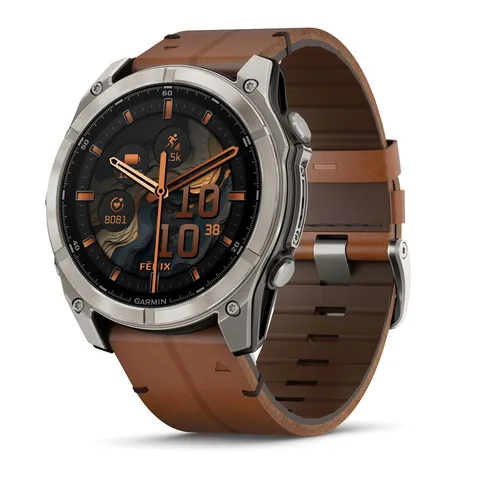 Garmin Fenix 8 51 мм, AMOLED, Sapphire, Titanium, каштановый кожаный ремешок