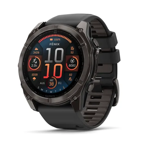 Garmin Fenix 8 51 мм, AMOLED, Sapphire, угольно-серый DLC, пепельно-черный силиконовый ремешок