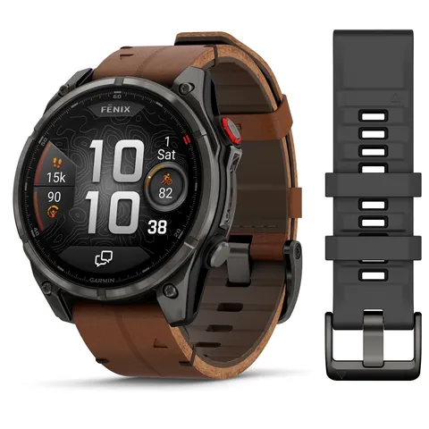 Garmin Fenix 8 Pro 47 мм, AMOLED, DLC, угольно-серый, коричневый кожаный ремешок
