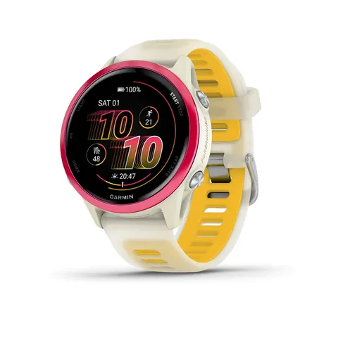 Garmin Forerunner 570 42мм, слоновая кость, алюминиевый безель малинового цвета, ремешок манго/слоновая кость