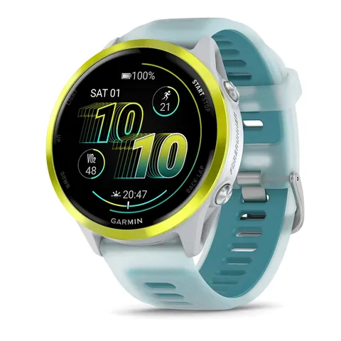 Garmin Forerunner 570 47мм, светло-серый, алюминиевый безель ярко-желтого цвета, бирюзовый ремешок
