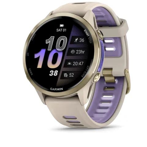 Garmin Forerunner 970 серые, золотистый титановый безель, с серым/индиго ремешком