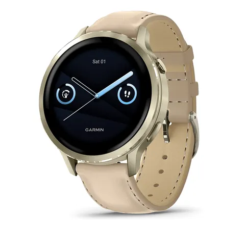 Garmin Venu 4 41 мм, лунно-золотистый с кожаным ремешком песочного цвета
